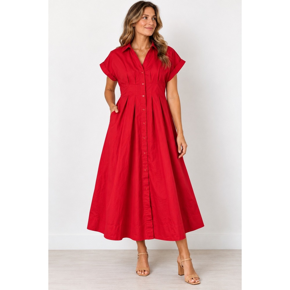 Women's Red Midi Dress Button Down Short Sleeve Pleated Waist Large A New Day